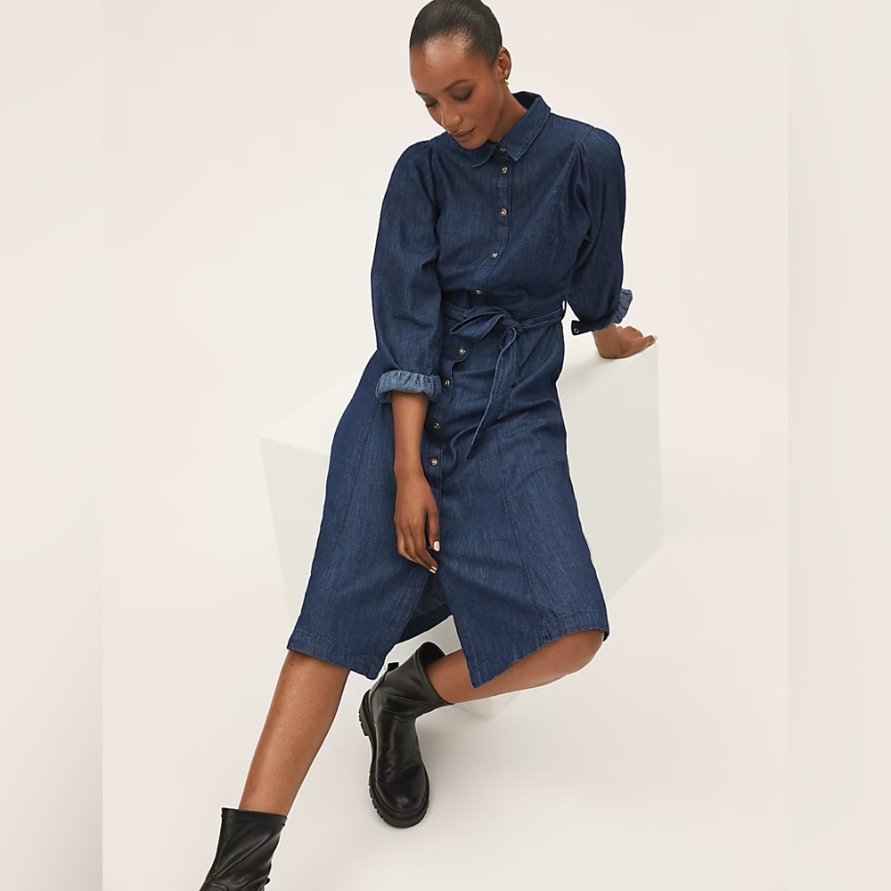Marks & Spencer Denim Belted Button Front Midi Shirt Dress | Size 16